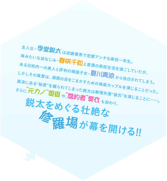 主人公・季堂鋭太は成績優秀で恋愛アンチな高校一年生。
妹みたいな幼なじみ・春咲千和と普通の高校生活を過ごしていたが、ある日校内一の美人と評判の帰国子女・夏川真涼から告白されてしまう。
しかしその真意は、周囲の目をごまかすための偽装カップルを演じることだった。
真涼にある“秘密”を握られてしまった鋭太は無理矢理“彼氏”を演じることに……。
さらに“元カノ”の秋篠姫香や、“婚約者”冬海愛衣も加わり、鋭太をめぐる壮絶な『修羅場』が幕を開ける!!